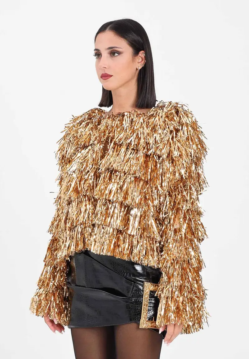 Giacca oro da donna interamente ricoperta da frange