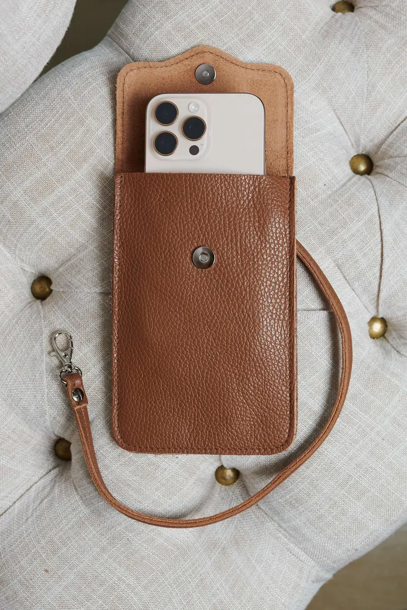 Tracollina porta cellulare in pelle cuoio morbida D'Arienzo, Seleziona Taglia Unica, Colore Cuoio