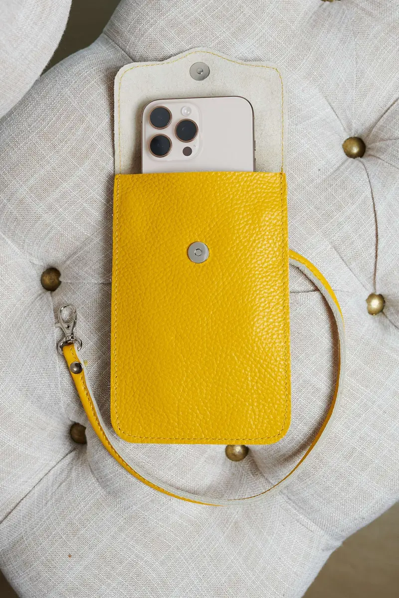 Tracollina porta cellulare in pelle ocra morbida D'Arienzo, Seleziona Taglia Unica, Colore Giallo