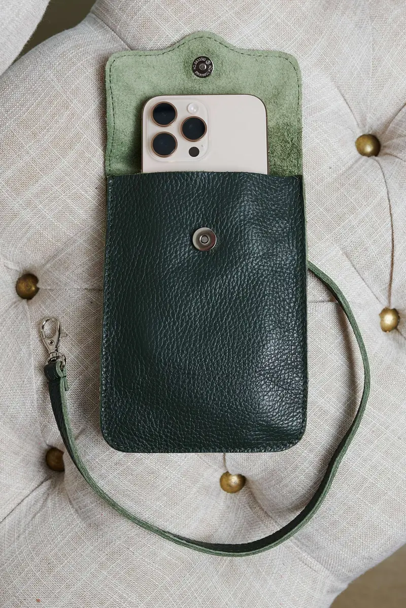 Tracollina porta cellulare in pelle verde morbida D'Arienzo, Seleziona Taglia Unica, Colore Verde