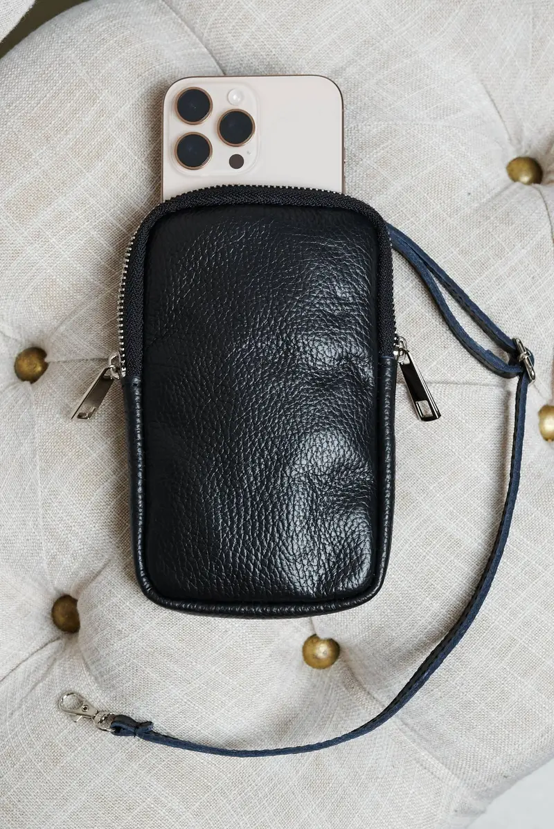 Tracollina Portacellulare in pelle nera morbida D'Arienzo, Seleziona Taglia Unica, Colore Nero