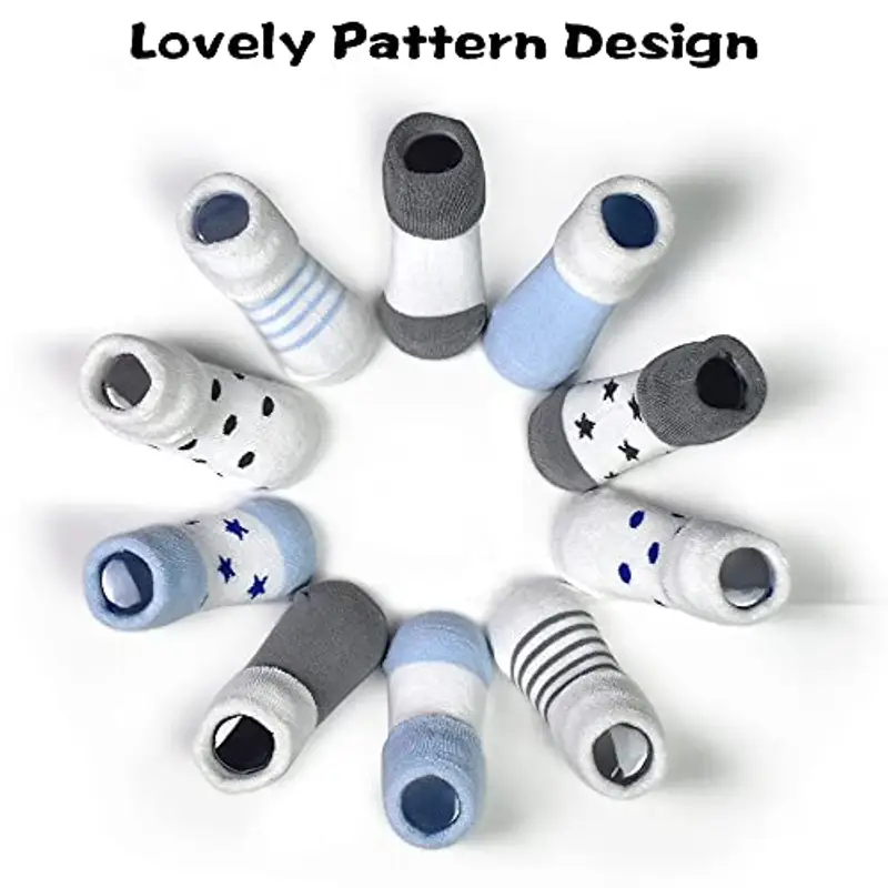 TRAMLE Calzini spessi in spugna, 10 paia (0-3 anni) per neonati e ragazze, set di calzini alla caviglia caldi e carini, Grigio e blu., 6-12 Months miniatura 2