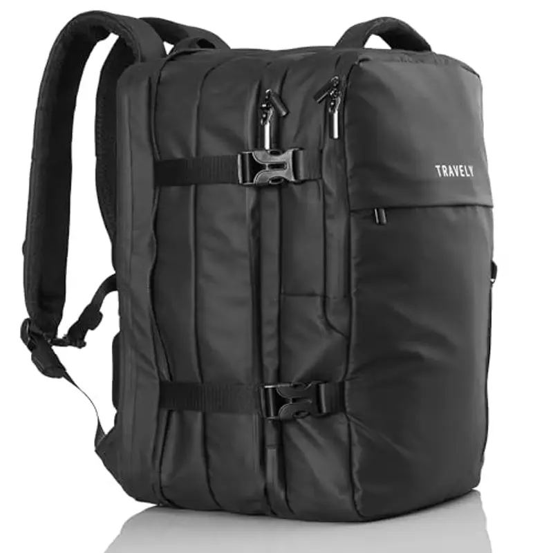 Travely Zaino Viaggio 20-40L Espandibile e Impermeabile 45x30x12-26cm - Valigia, Travel Backpack, Antifurto, Capiente, Grande, Nero