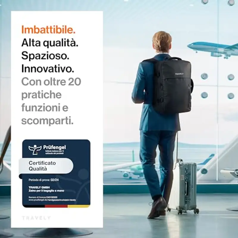 Travely Zaino Viaggio 20-40L Espandibile e Impermeabile 45x30x12-26cm - Valigia, Travel Backpack, Antifurto, Capiente, Grande, Nero miniatura 2