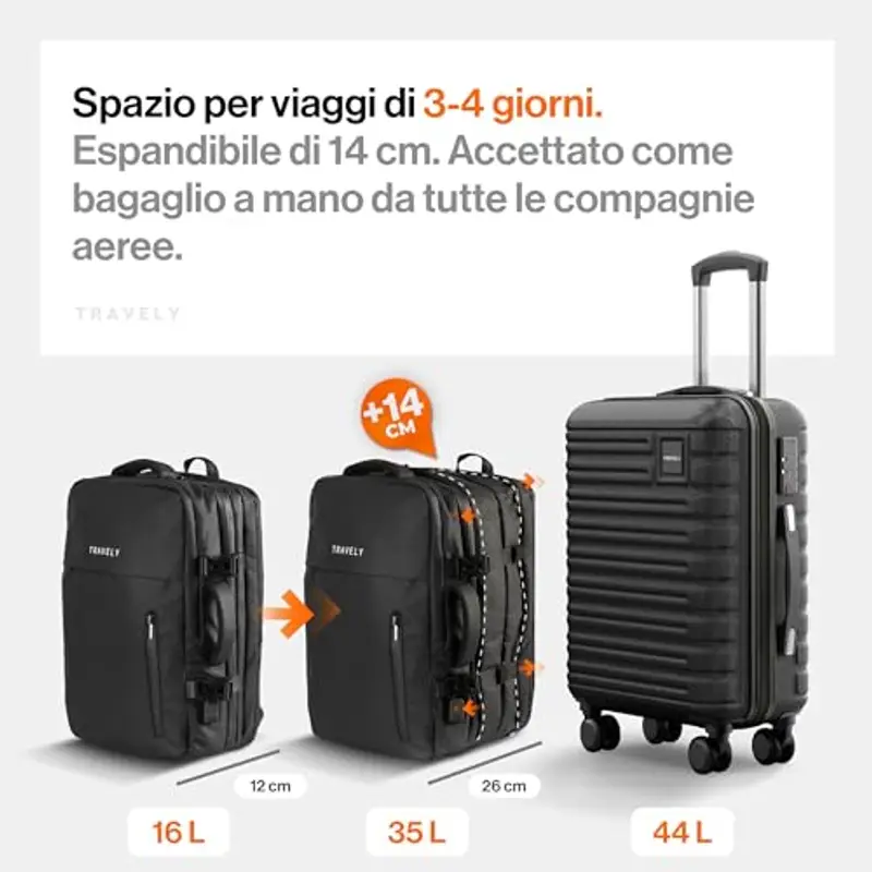 Travely Zaino Viaggio 20-40L Espandibile e Impermeabile 45x30x12-26cm - Valigia, Travel Backpack, Antifurto, Capiente, Grande, Nero miniatura 3