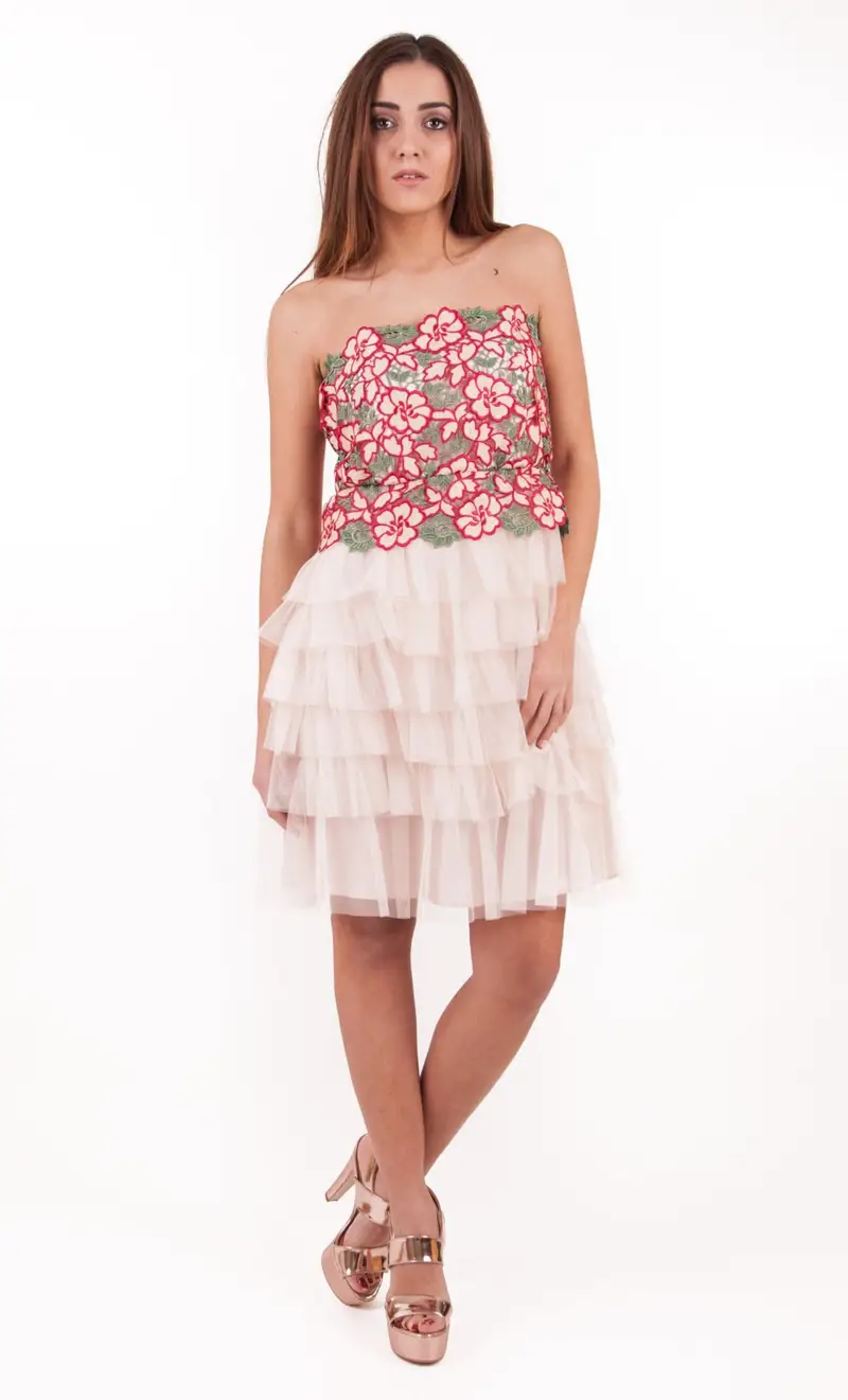 Abito cora con fiori e gonna in tulle, colore rosa miniatura 2