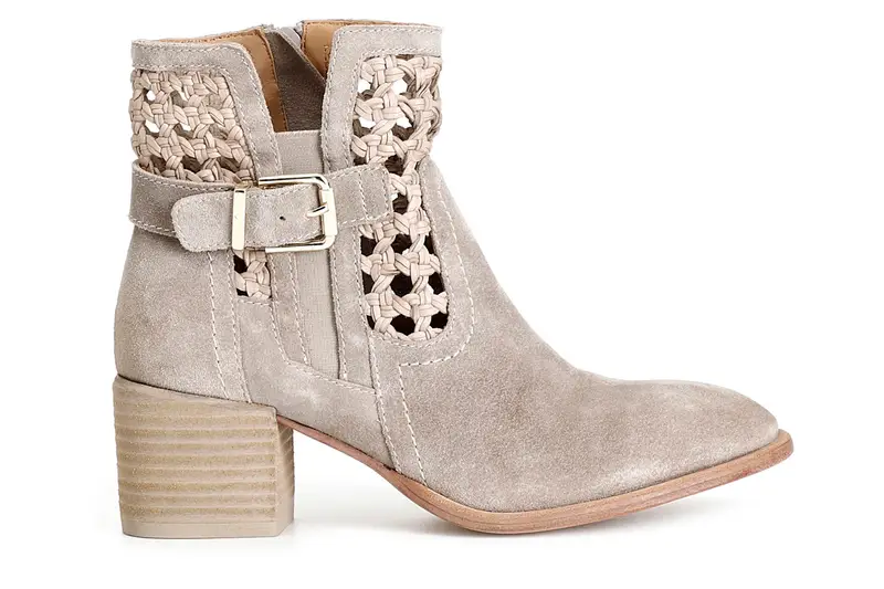 tronchetto in pelle scamosciata e intreccio con fibbia taupe