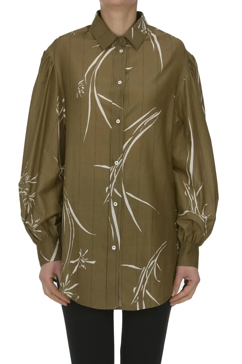 Camicia stampata in seta e cotone Kaki