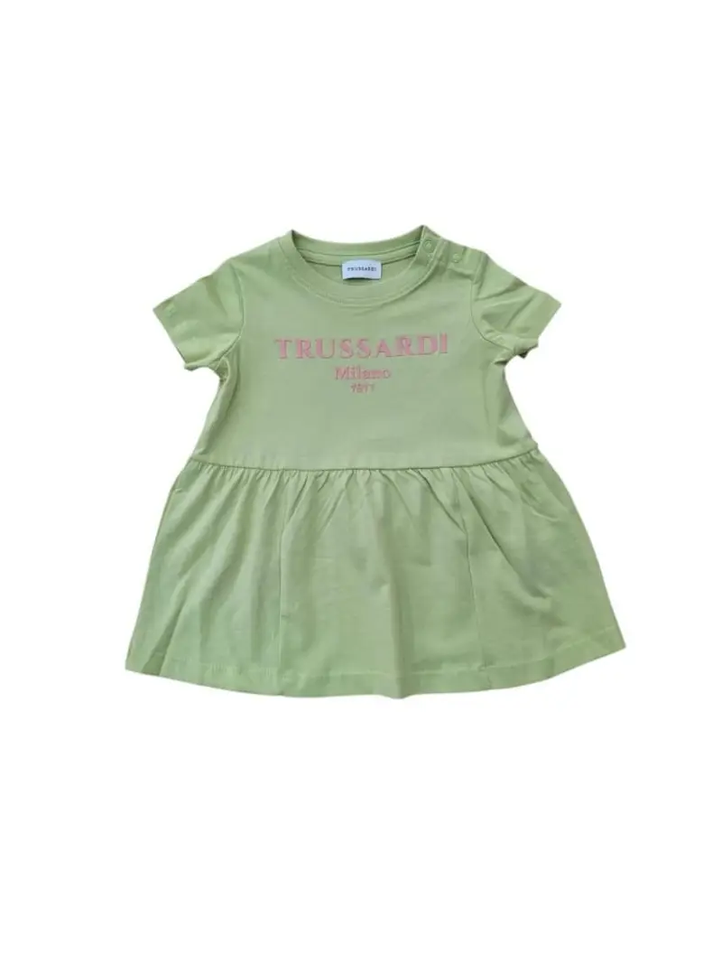 Trussardi abito verde neonata in cotone logo lettering rosa