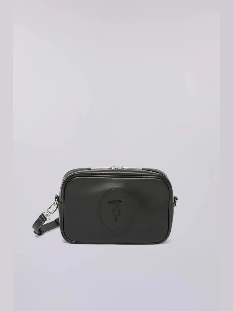 camera bag society in vera pelle nera con tracolla amovibile, zip bidirezionale, tasca interna e patch distintivo con levriero