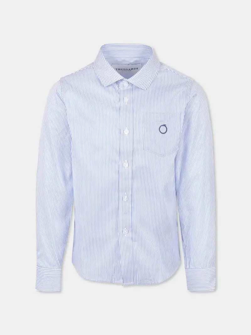Trussardi camicia celeste bambino a righe in cotone mini logo sul petto