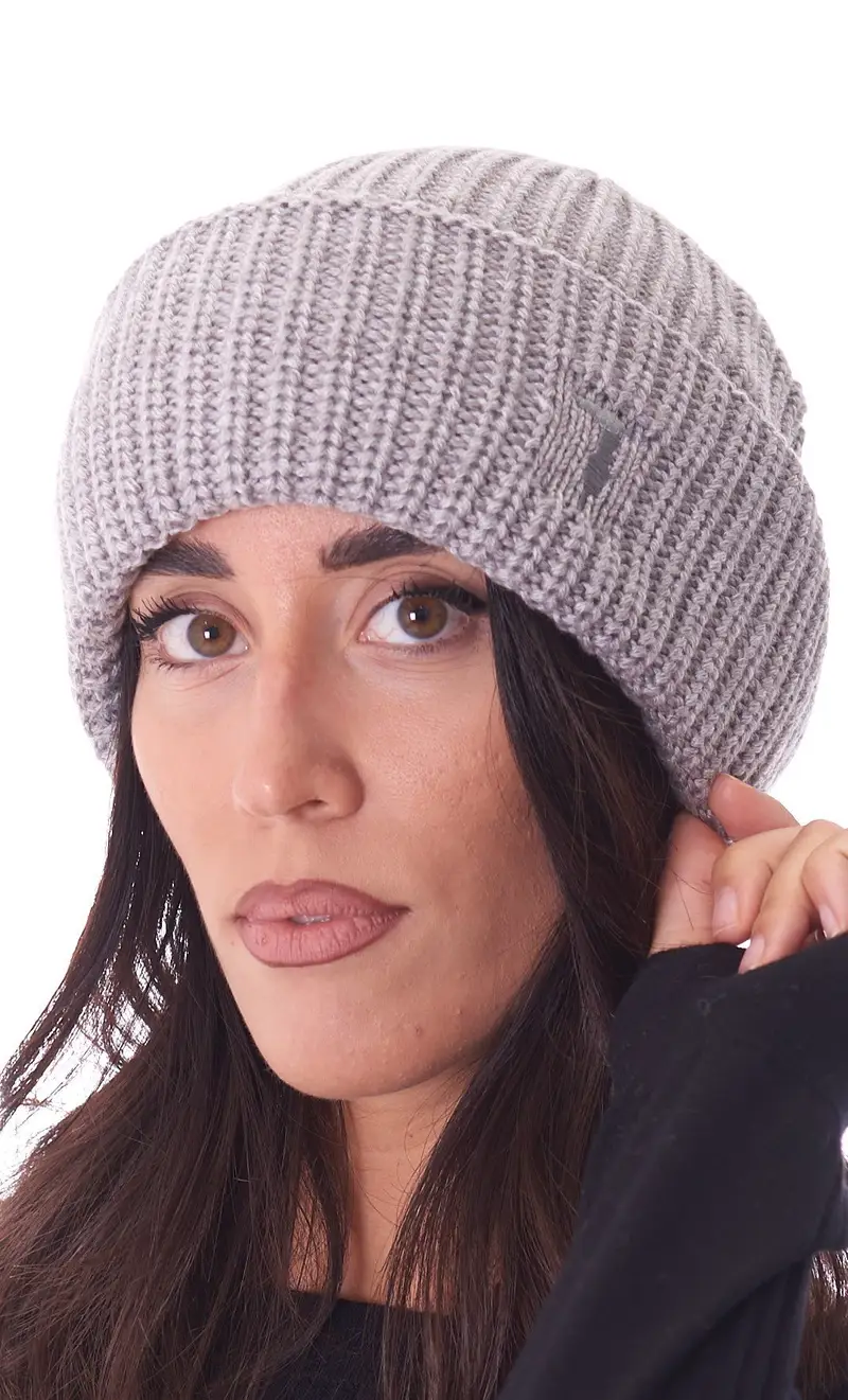 Cappello trussardi con risvolto e logo, colore grigio