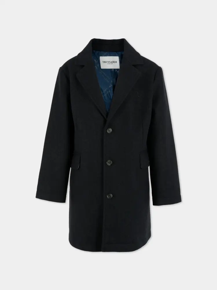 cappotto blu navy bambino in panno mini logo ricamato sul petto