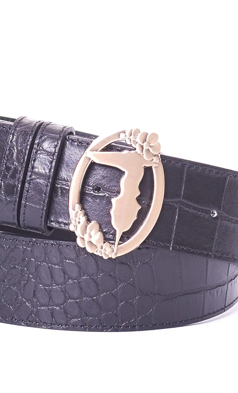 Cintura trussardi con fibbia ovale stampa cocco nera, colore nero miniatura 2