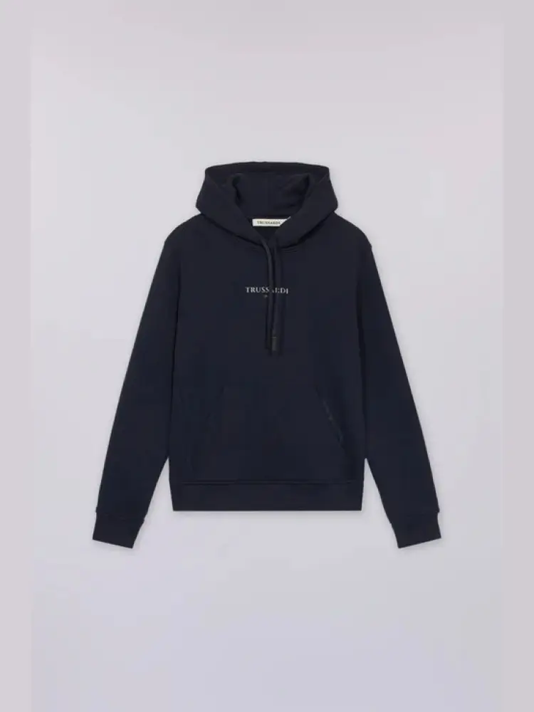 felpa con cappuccio in jersey diagonale blu con logo frontale