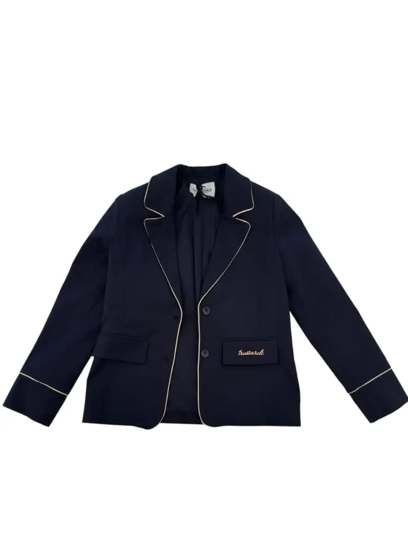 Trussardi giacca blu navy bambina in cotone mini logo ricamato sul fondo rosa