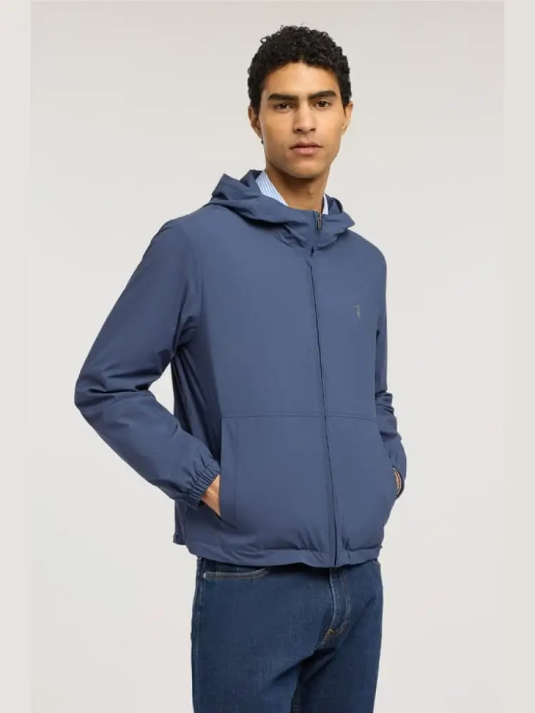 giubbotto con cappuccio in microfibra blu chiaro con logo