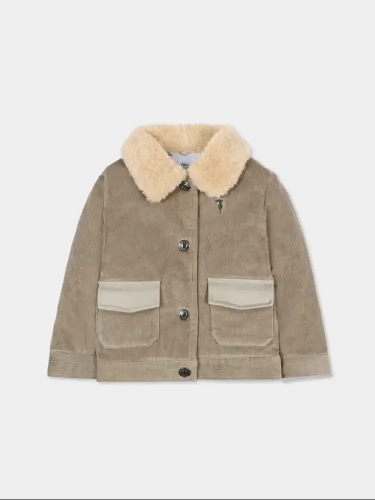 giubbotto infant in velluto a coste beige con colletto in ecopelliccia