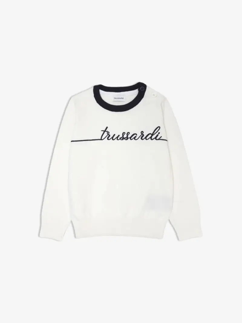 Trussardi maglia bianca neonato in cotone logo ricamato a contrasto