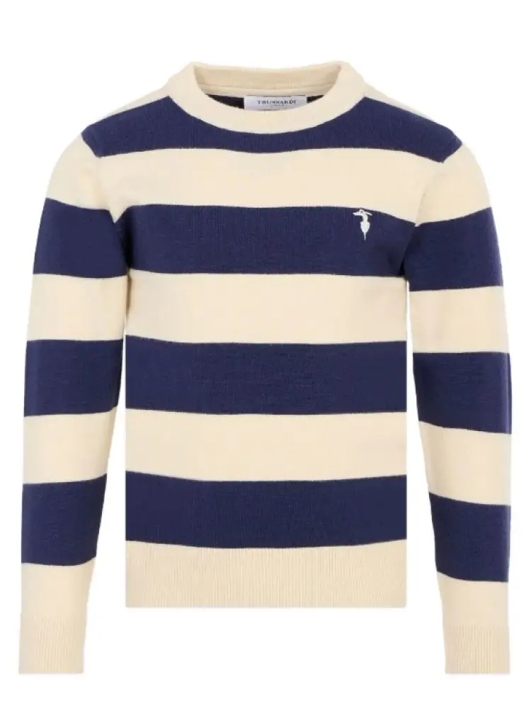 maglia blu navy bambino a righe mini logo sul petto