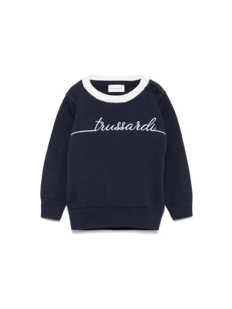 Trussardi maglia blu navy neonato in cotone logo ricamato a contrasto