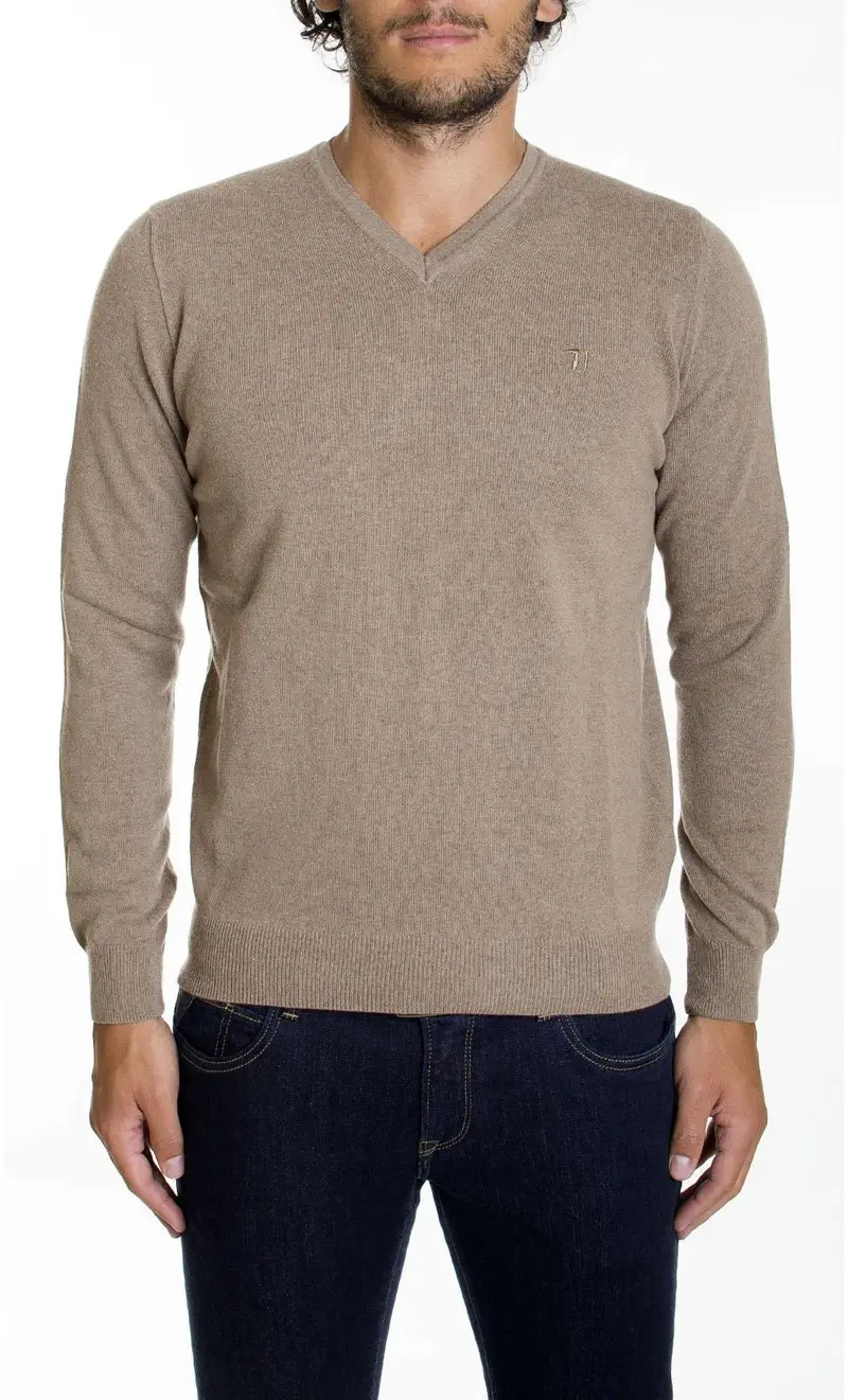 Maglia scollo v, colore cammello