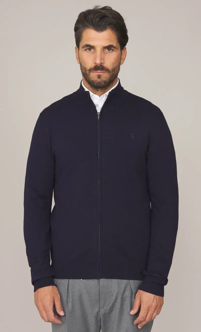 Maglia trussardi full zip con logo ricamato, colore blu