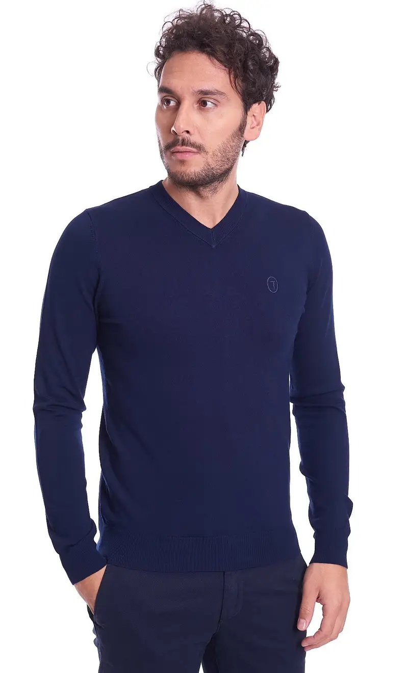 Maglia trussardi jeans scollo a v slim fit in viscosa, colore blu