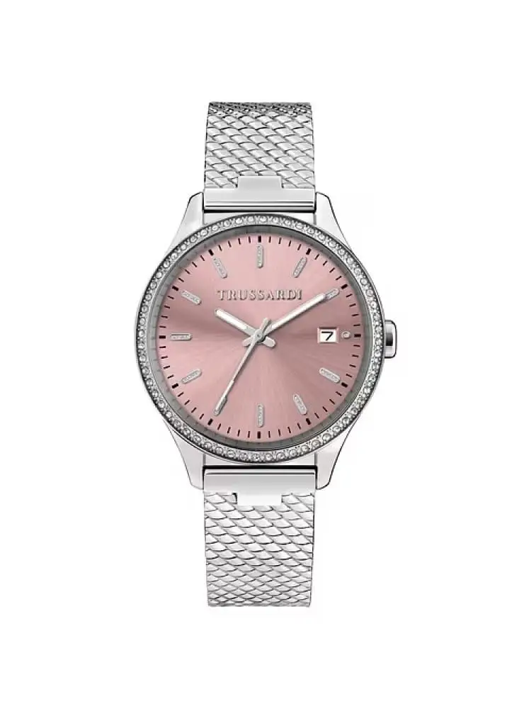 orologio donna city life in acciaio silver maglia milano ghiera con strass quadrante rosa