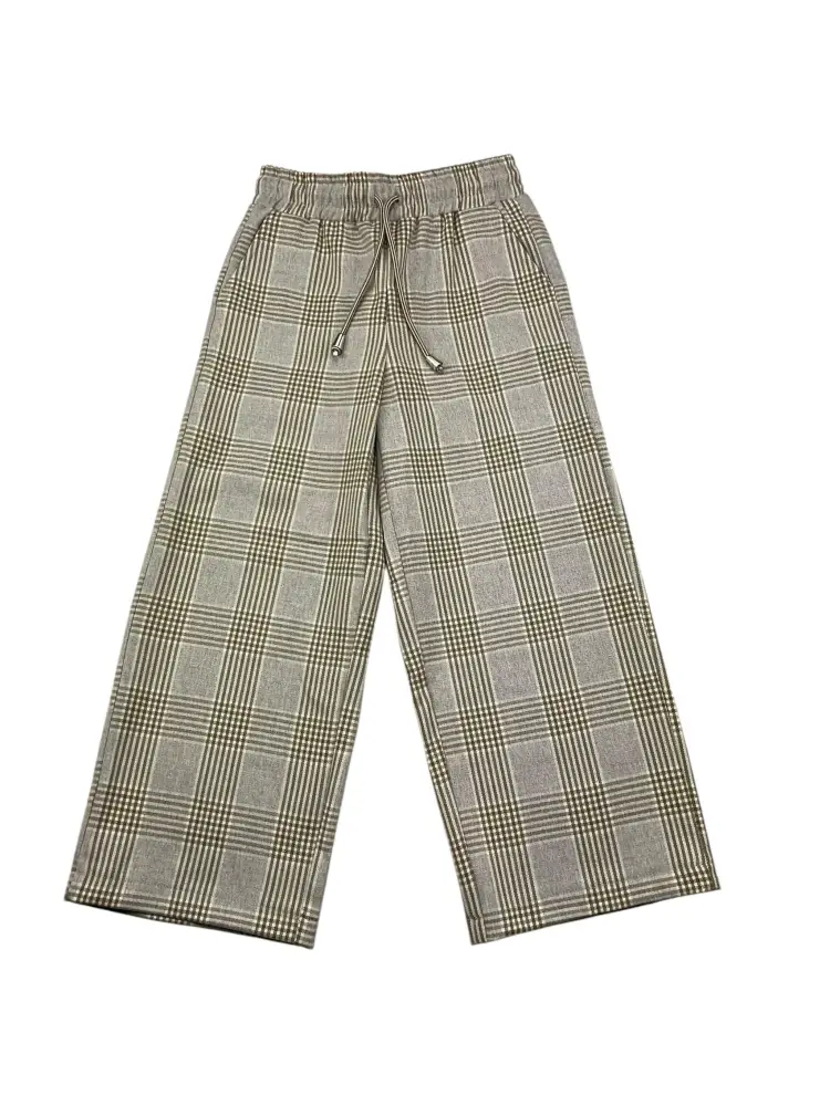 pantalone beige bambina in misto viscosa a quadri mini logo