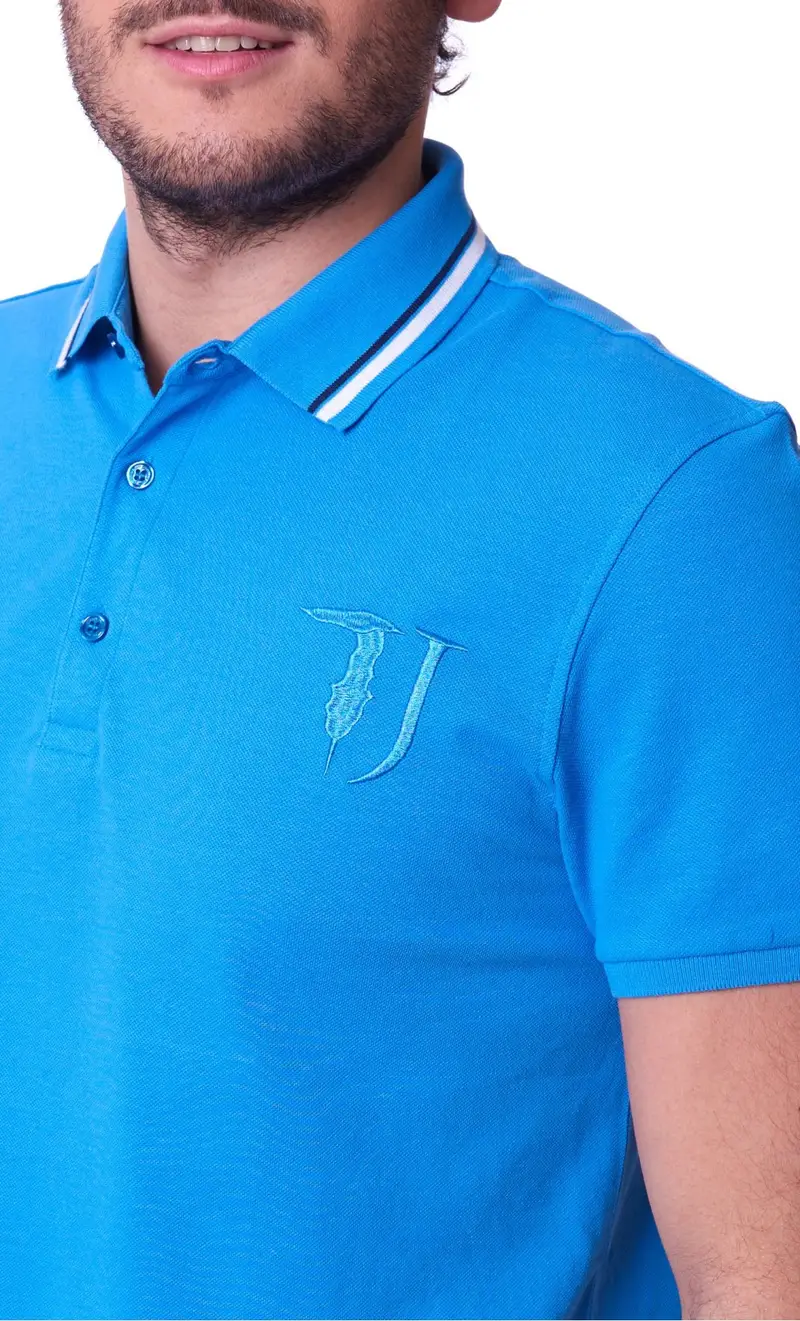 Polo con collo a contrasto trussardi jeans azzurra, colore azzurro miniatura 2