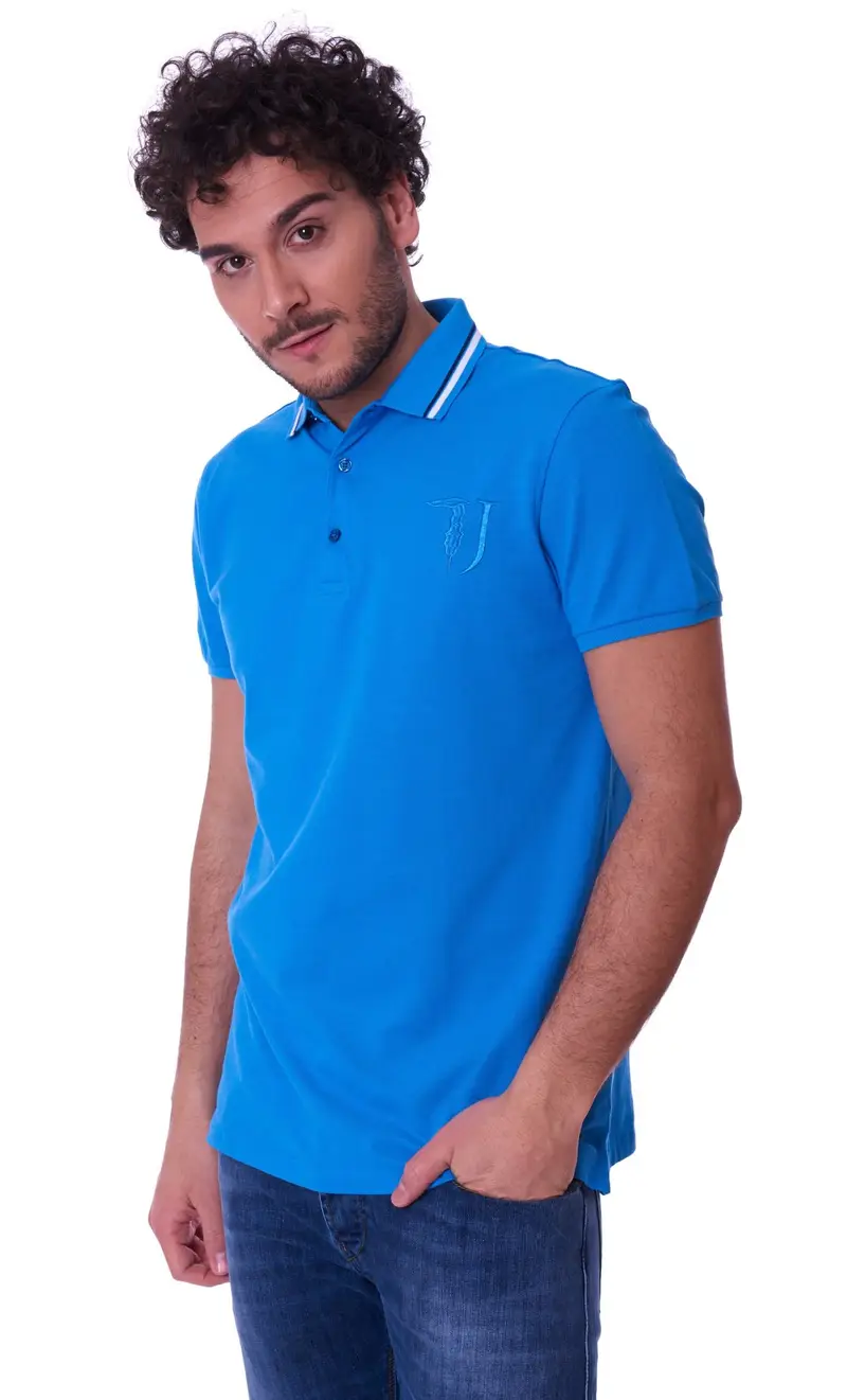 Polo con collo a contrasto trussardi jeans azzurra, colore azzurro