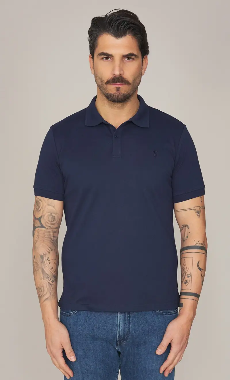 Polo trussardi in piquet stretch con logo, colore blu
