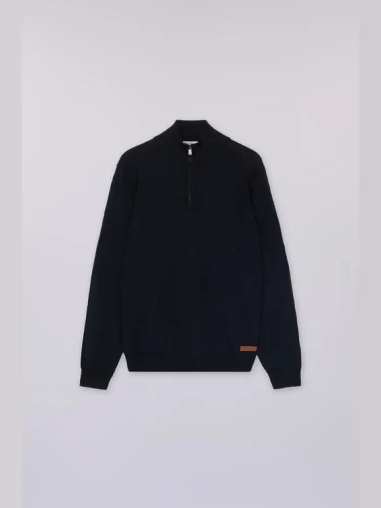 pullover in pura lana con mezza zip blu