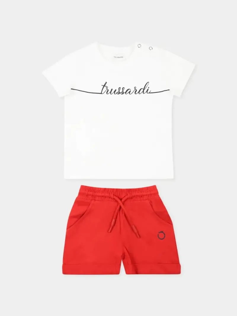 Trussardi set bianco neonato tshirt e shorts in cotone logo a contrasto