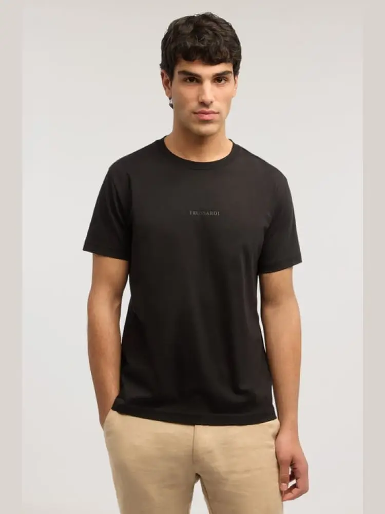 t-shirt regular fit in cotone nero con stampa logo miniatura 3