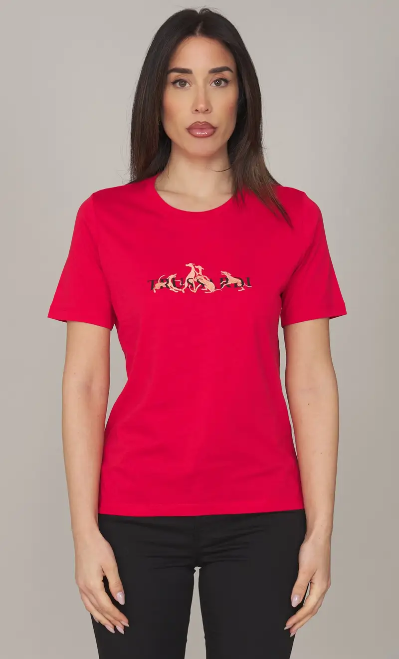 T-shirt trussardi con logo e levriero ricamato, colore rosso