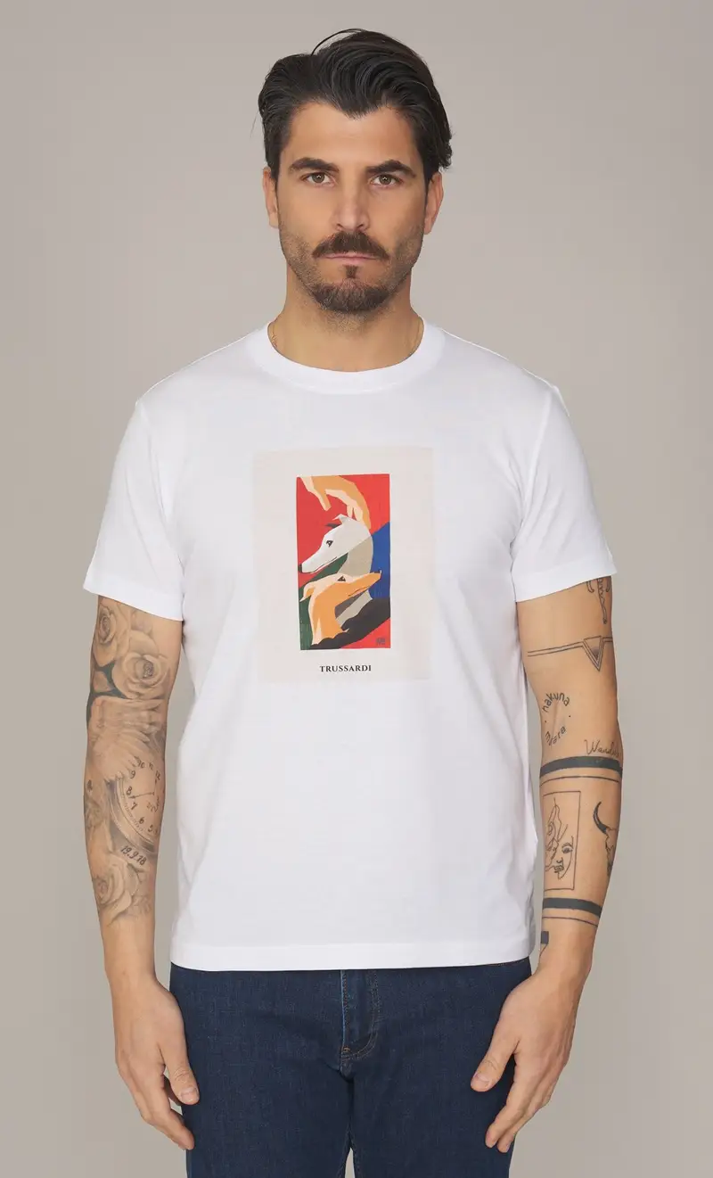 T-shirt trussardi con stampa levriero, colore bianco