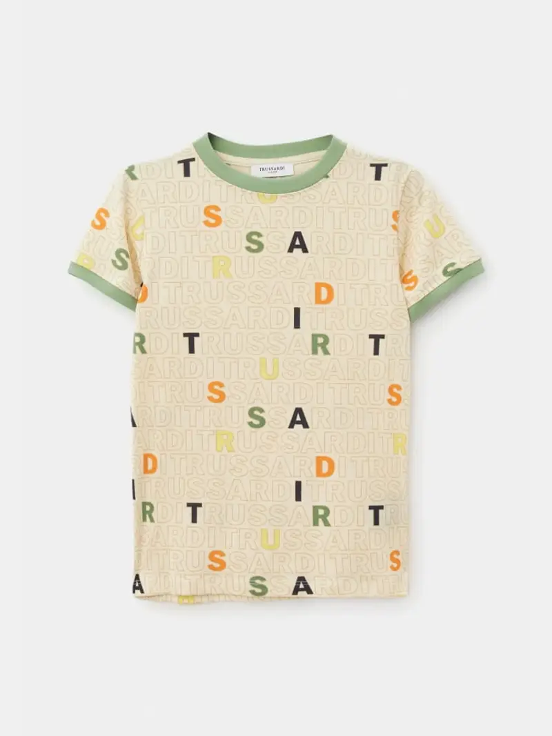 Trussardi tshirt beige bambino in cotone logo lettering all over multicolor