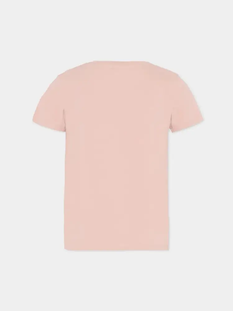 tshirt rosa bambina in cotone logo sul davanti miniatura 2