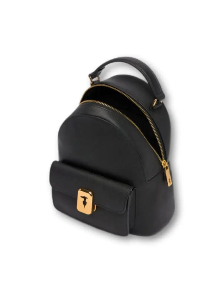 zaino nero donna in vera pelle logo in metallo oro sul davanti miniatura 2