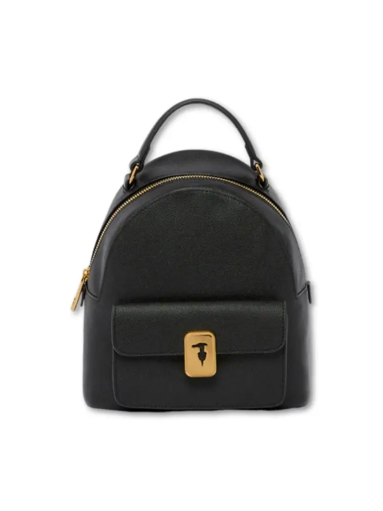 zaino nero donna in vera pelle logo in metallo oro sul davanti