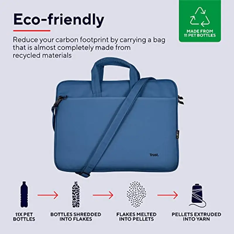 Trust Bologna Slim Eco Borsa per Laptop fino a 16", Borsa per Laptop Sostenibile in Plastica Riciclata, con Tracolla, Custodia per Viaggio, Lavoro, Ufficio, Scuola - Blu miniatura 2