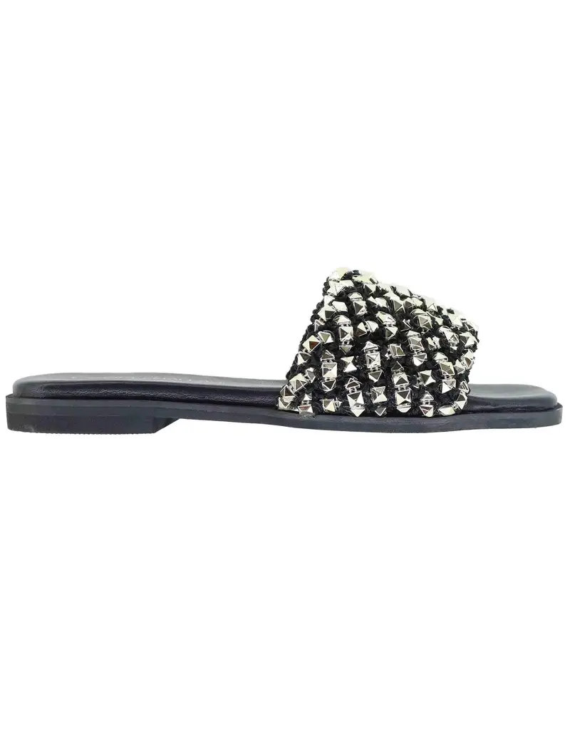 Tsakiris Mallas Sandali flat donna in tessuto nero con borchie argento Donna U41009501340 950