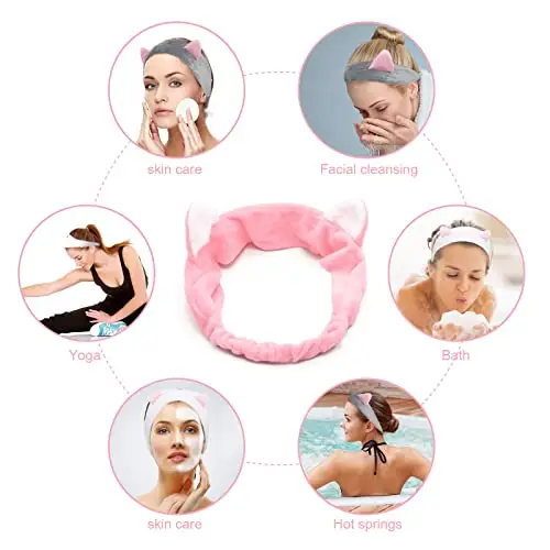TSHAOUN 10 Pezzi Fascia Capelli per Trucco, Elastiche, Orecchie di Gatto, per Donne, Spa, per il lavaggio del viso miniatura 3