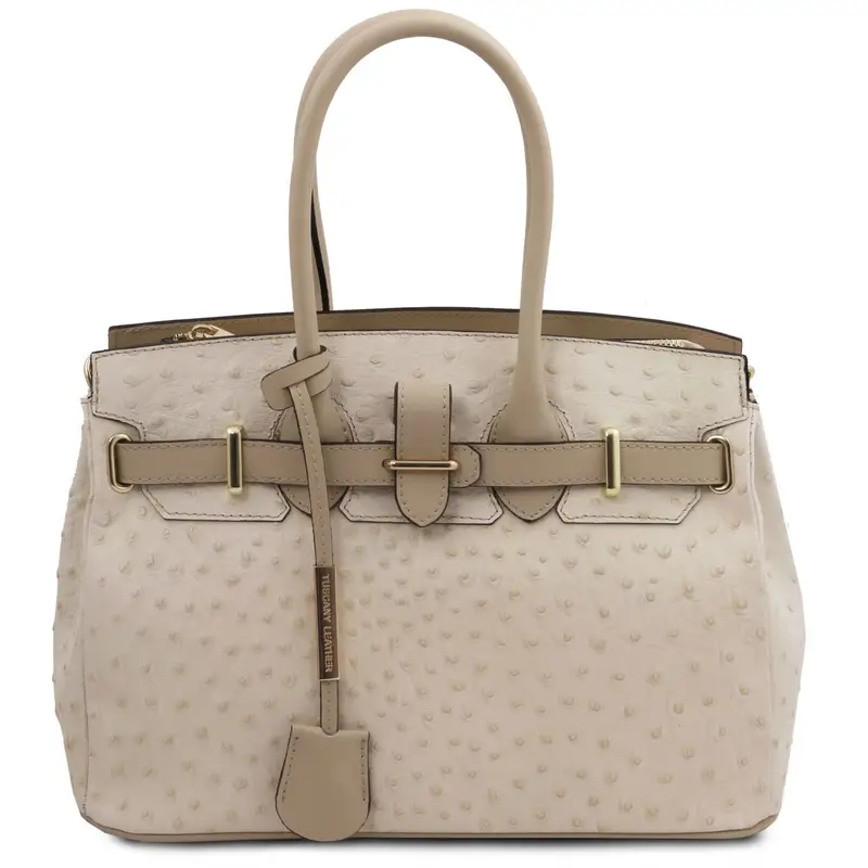 Borsa a mano in pelle stampata effetto struzzo Beige