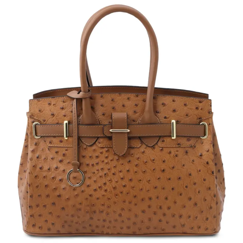 Borsa a mano in pelle stampata effetto struzzo Cognac