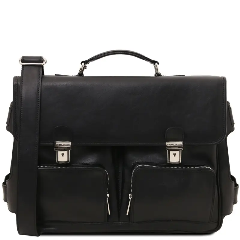 Borsa Multiscomparto da lavoro con tasche frontali in pelle Nero