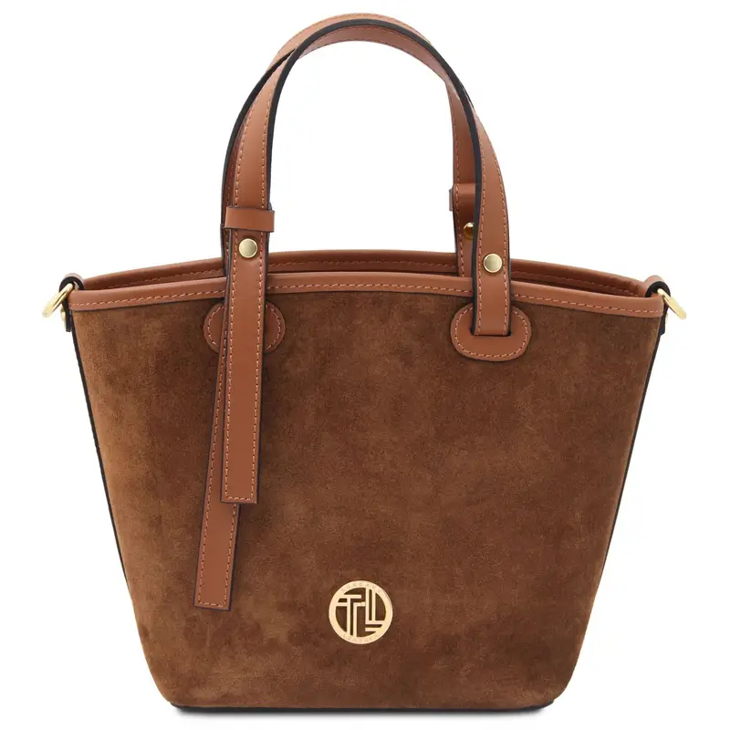 Borsa secchiello in pelle scamosciata Cognac