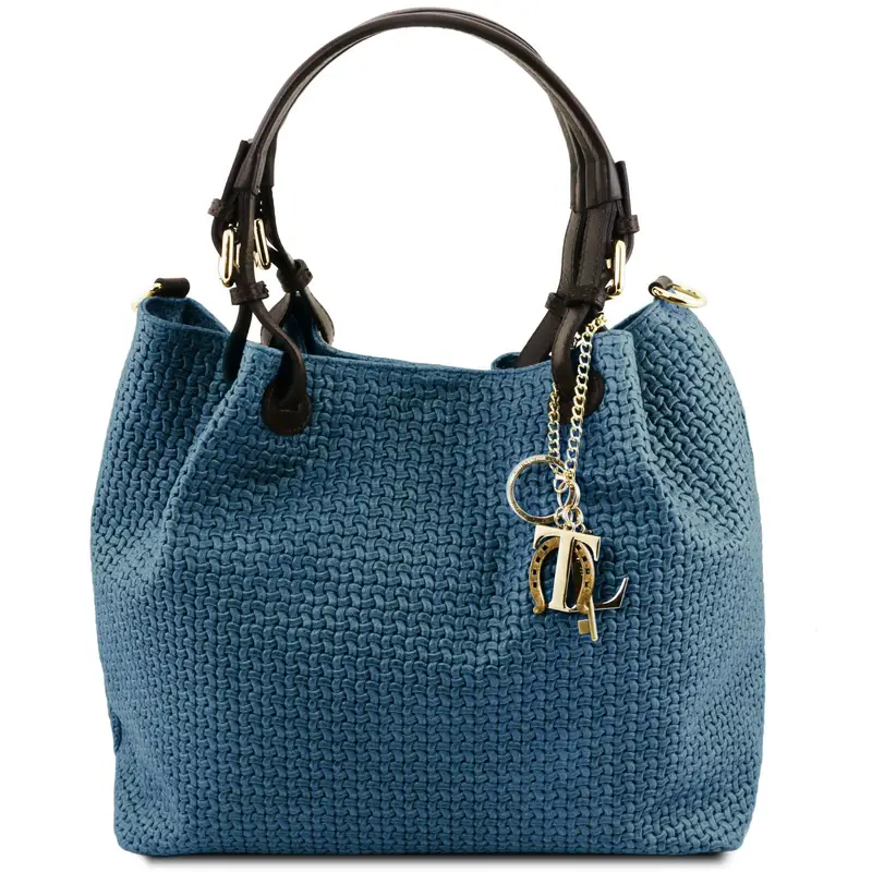 Borsa shopping in pelle stampa intrecciata Blu